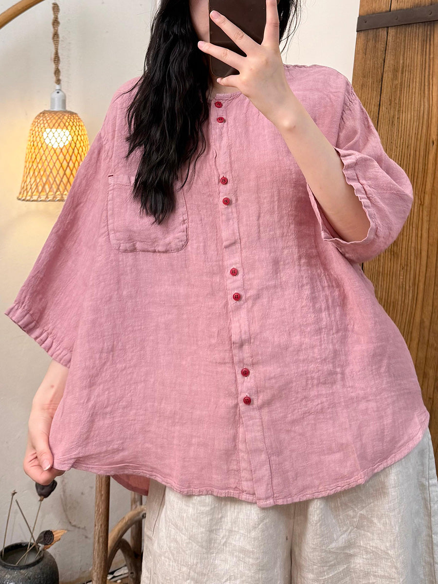 Women Summer Artsy Pure Color O-Neck 100%Linen Shirt
