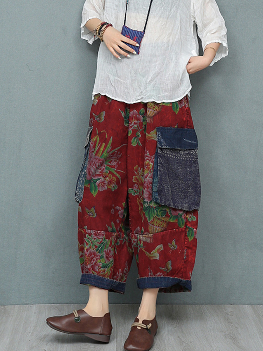 Women Summer Retro Flower Patchwork Harem Pants