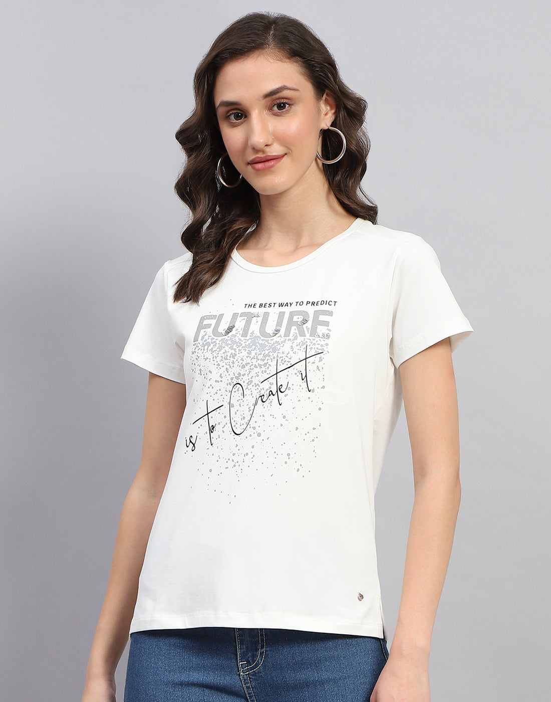 Women White Printed Round Neck Half Sleeve Top