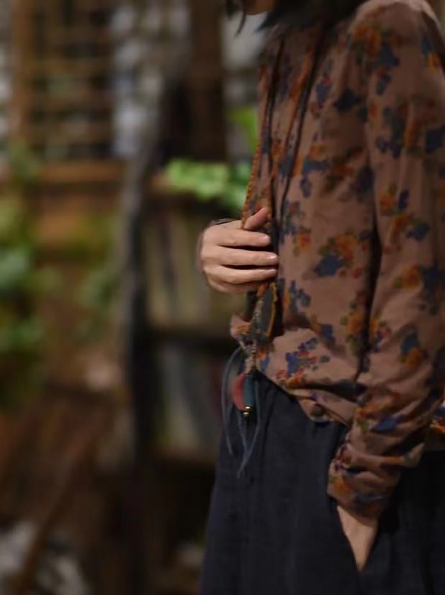 Women Vintage Floral Spring Loose Botton Shirt