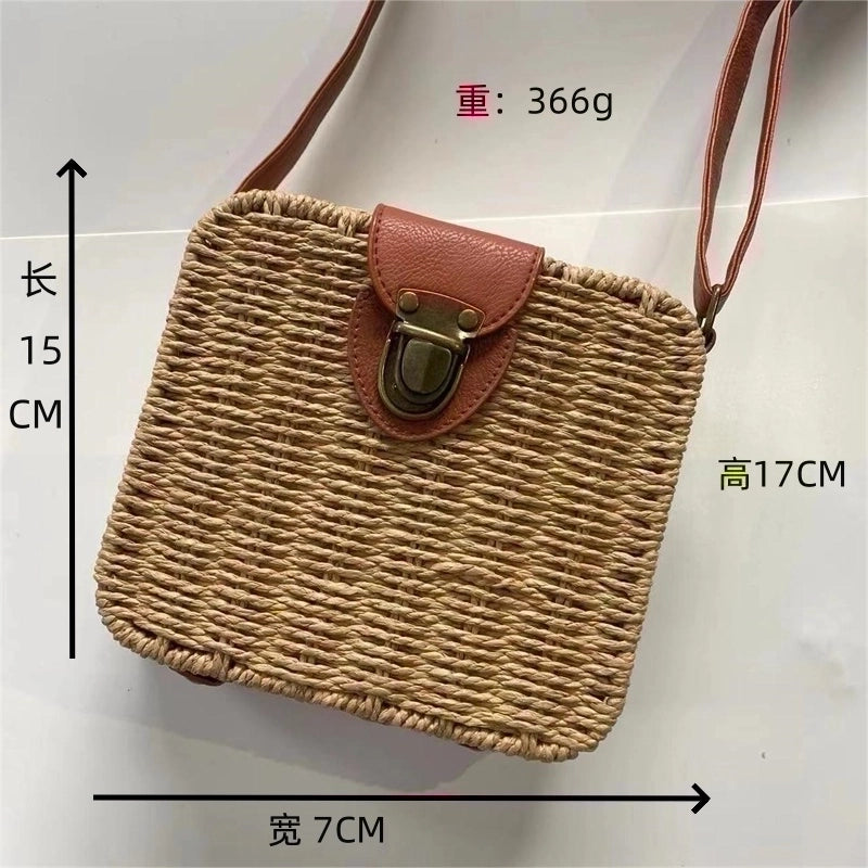 Women's Straw Solid Color Vintage Style Beach Square Hidden Buckle Handbag