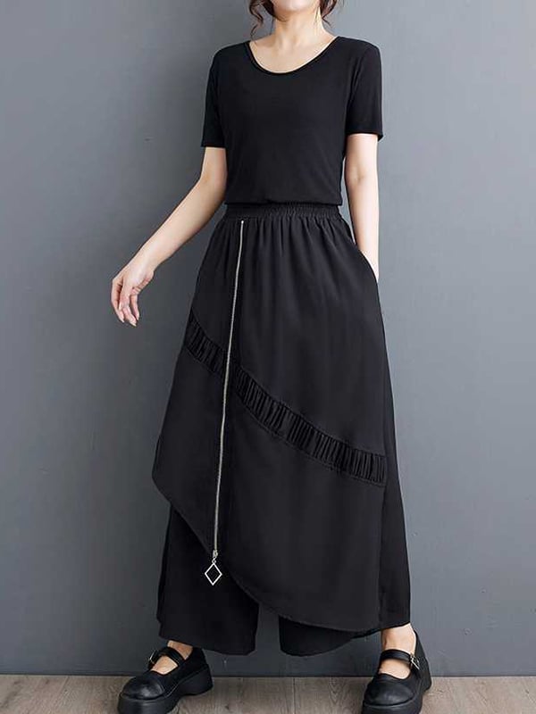 High Waisted Loose Elasticity Pleated Pockets Split-Joint Zipper Culotte Pants