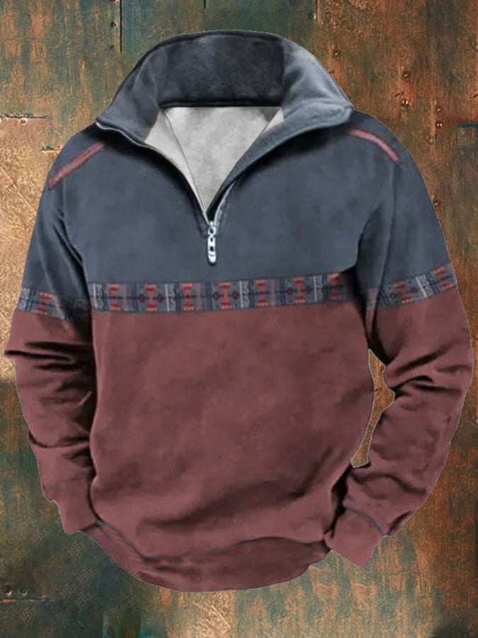 Men's Retro Western Print Lapel Long Sleeve Sweatshirt