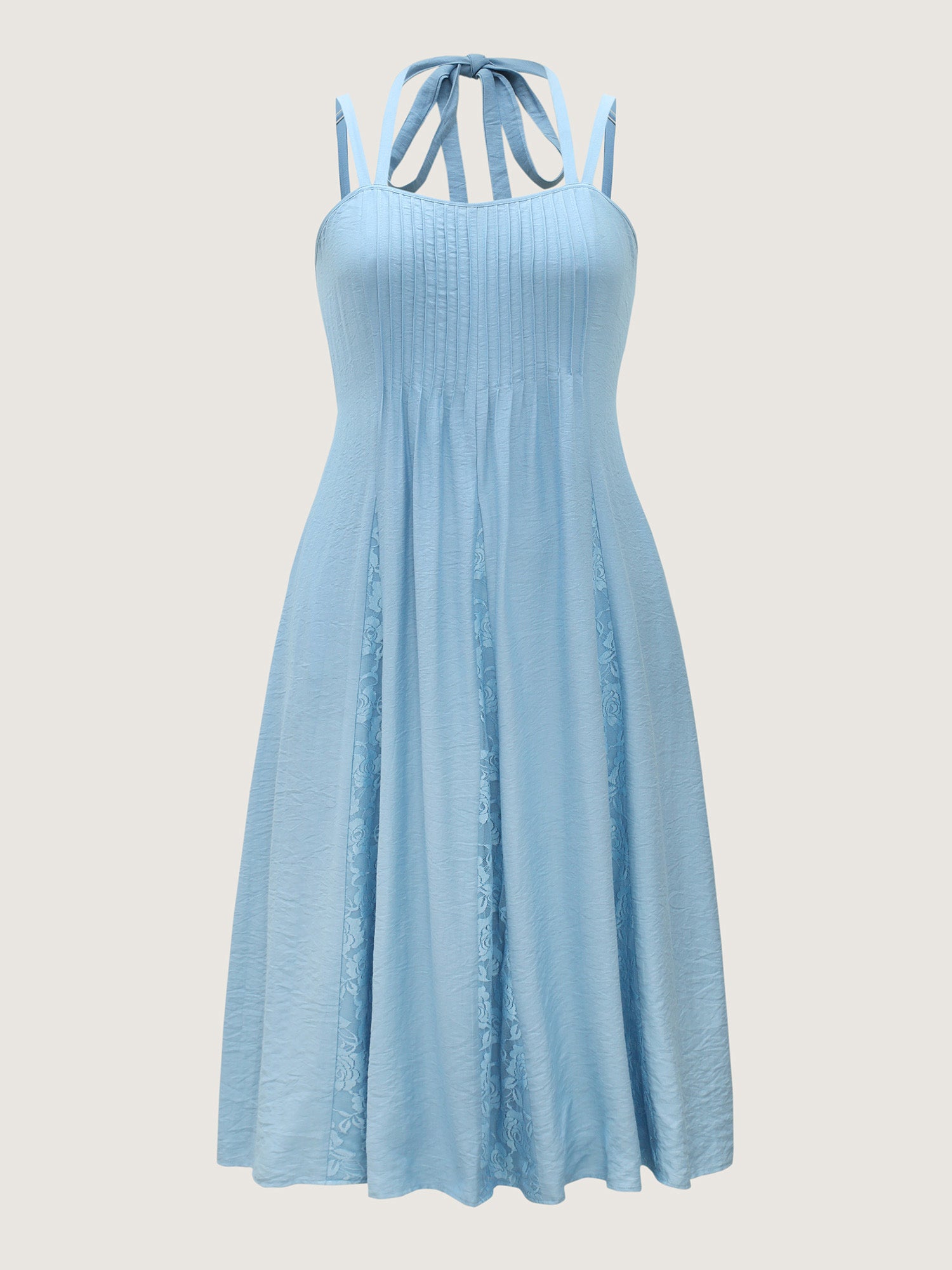 Lace Spliced Pleated Solid Midi Dress