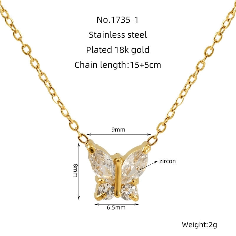 Princess Cute Heart Shape Butterfly 304 Stainless Steel Zircon 18K Gold Plated Inlay Pendant Necklace