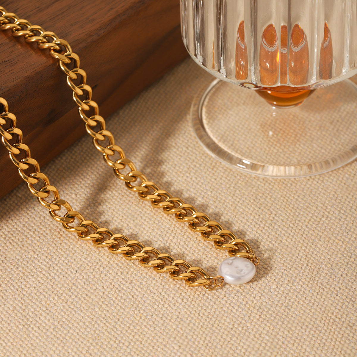 Stainless Steel Cuban Necklace Women'S Pearl Pendant Necklace