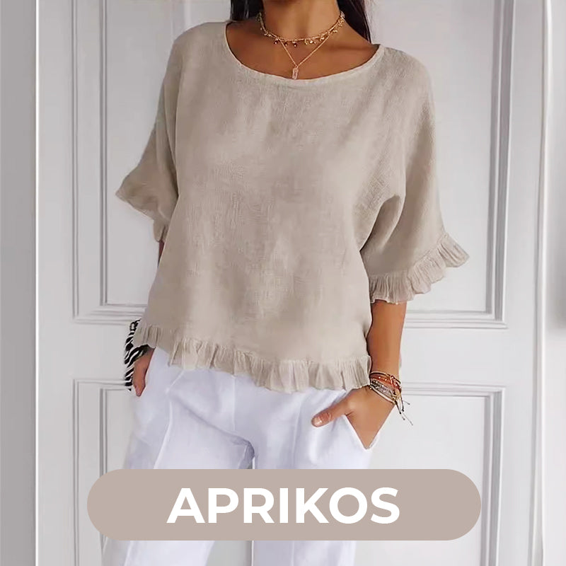 🔥🎁Round Neck Ruffled Hem Mid-sleeve Cotton and Linen Top