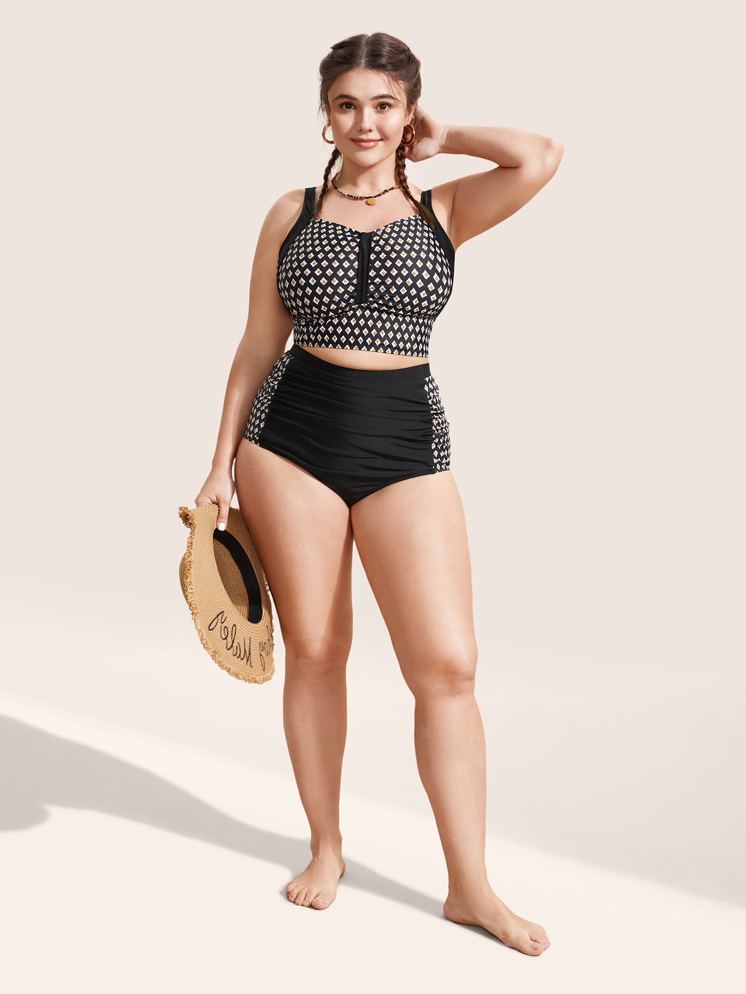 Geometric Heart Neckline Ruched Swim Top