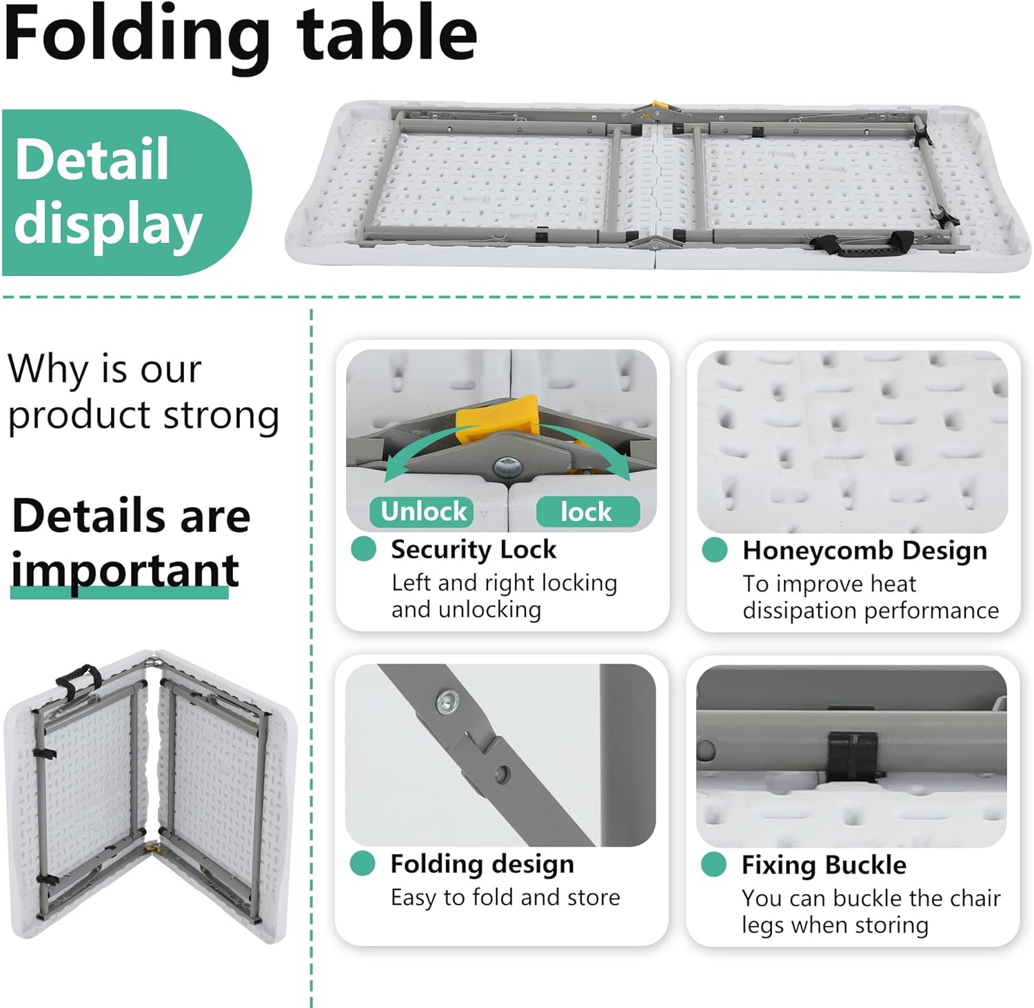 Folding. Half Portable Foldable Table for Parties. Backyard Events.White 1.2M