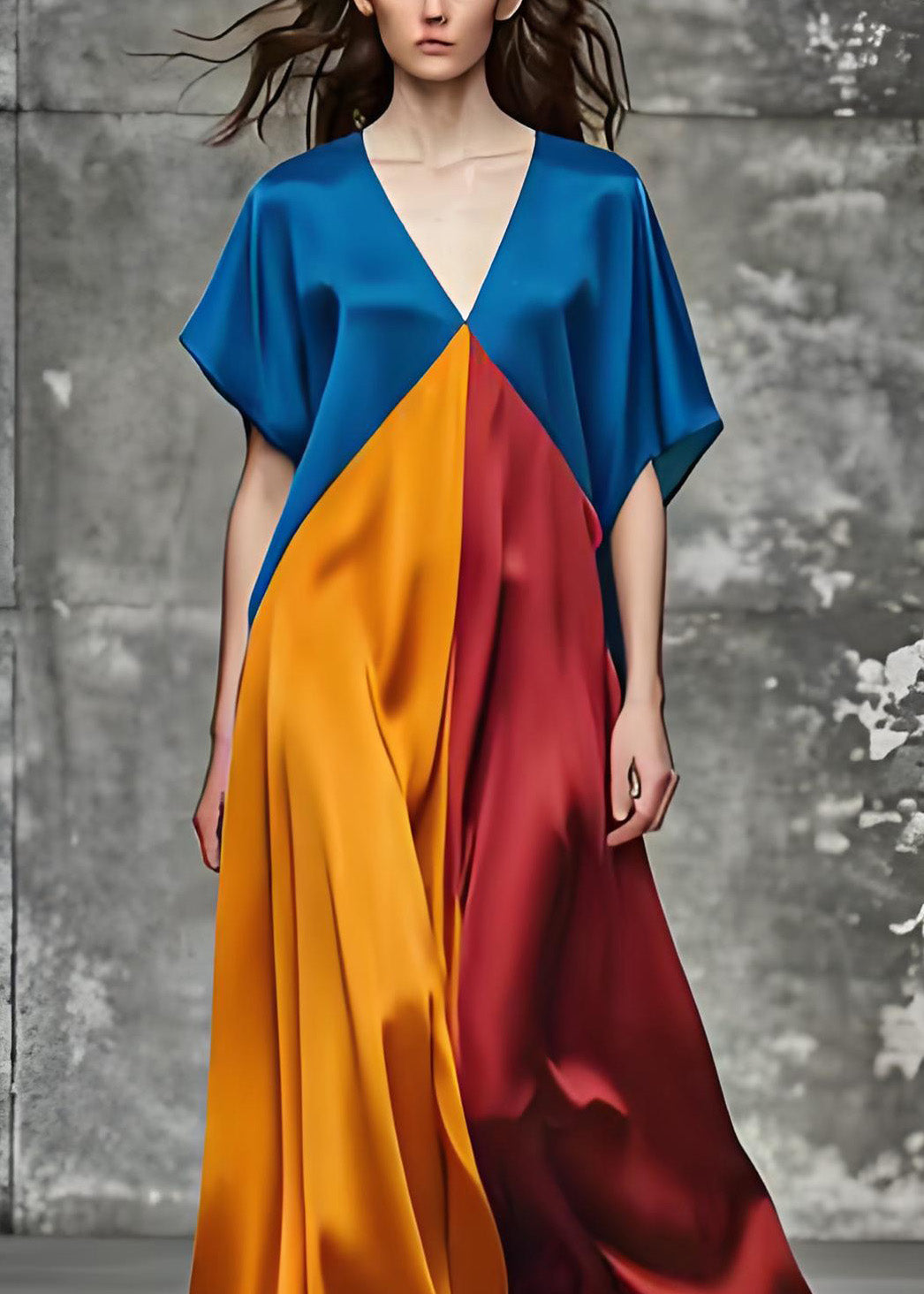 Colorblock V Neck Loose Silk Long Dress Summer