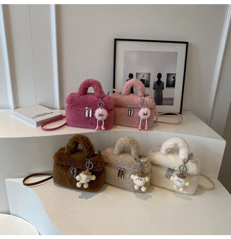 Women's Plush Solid Color Cute Square Zipper Shoulder Bag Handbag Crossbody Bag