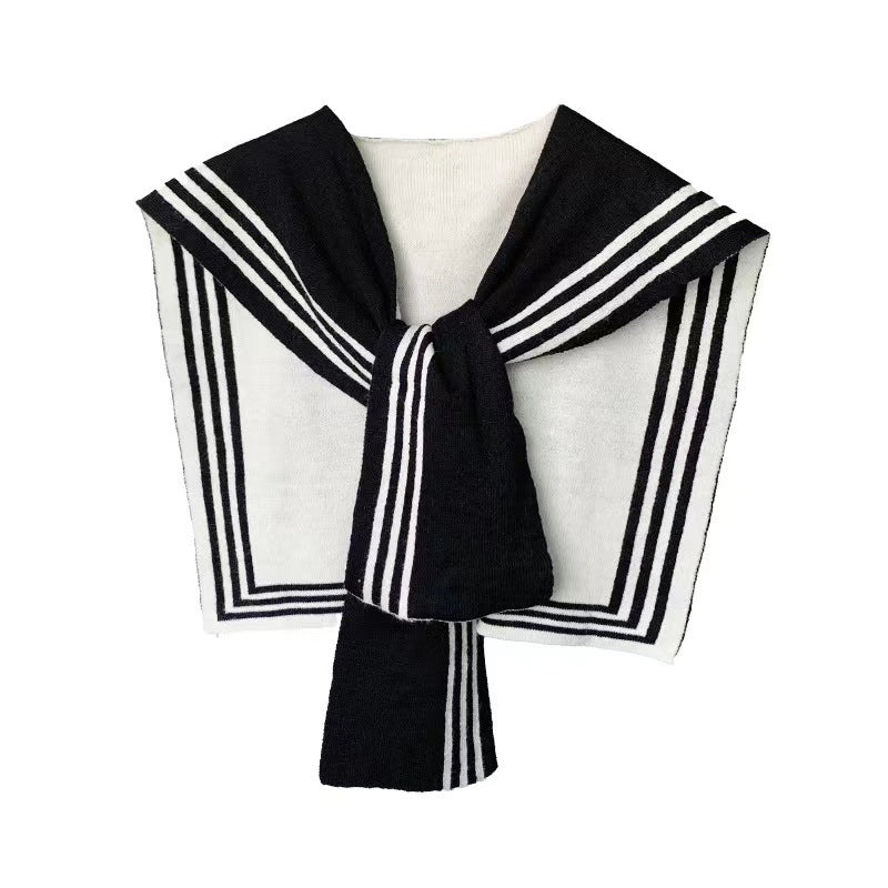 Spring And Autumn Versatile Striped Knitted Waistcoat Fake Collar  Warm Black And White Striped Scarf
