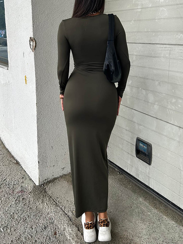 Bodycon Long Sleeves Solid Color Split-Joint Round-Neck Maxi Dresses