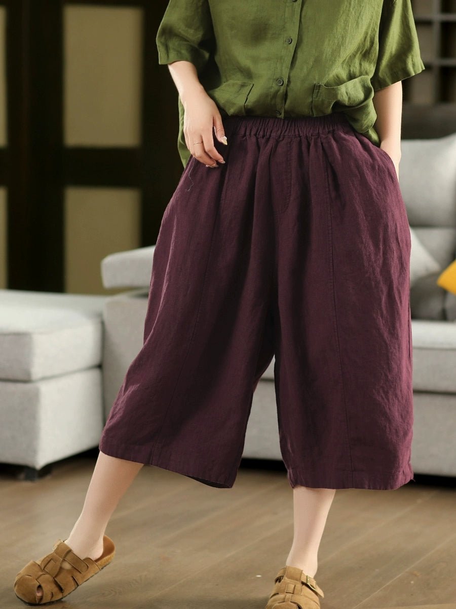 Women Summer Casual 100%Linen Straight Cropped Pants