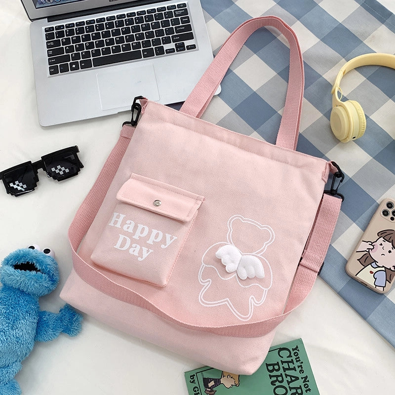 Women's Large Canvas Letter Little Bear Classic Style Zipper Canvas Bag
