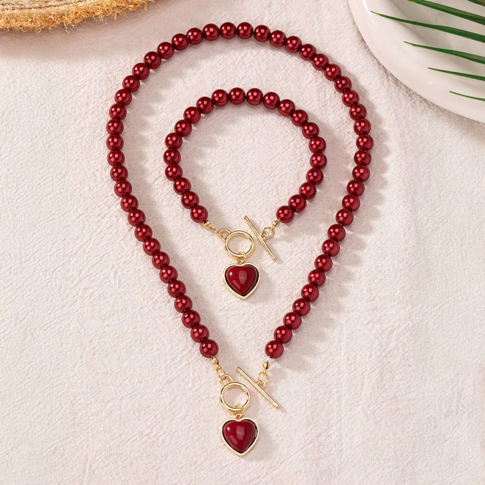 Beaded Heart Pendant Bracelet and Necklace Set