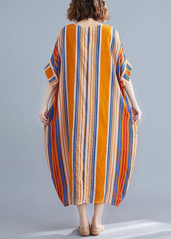 Plus Size Orange O-Neck Striped Summer Cotton Maxi Dresses