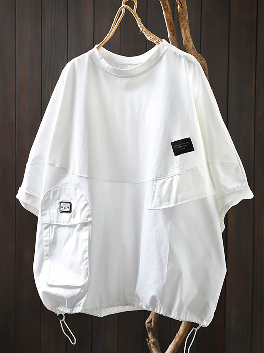 Women Summer Pocket Pure Color O-Neck Cotton Shirt