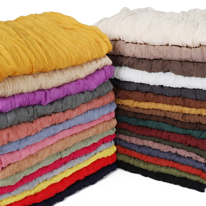 Spring And Autumn Pure Color Silk Yarn Twist Wrinkle Cotton And Linen Breathable Thin Scarf Female Cover Scarf In Stock
