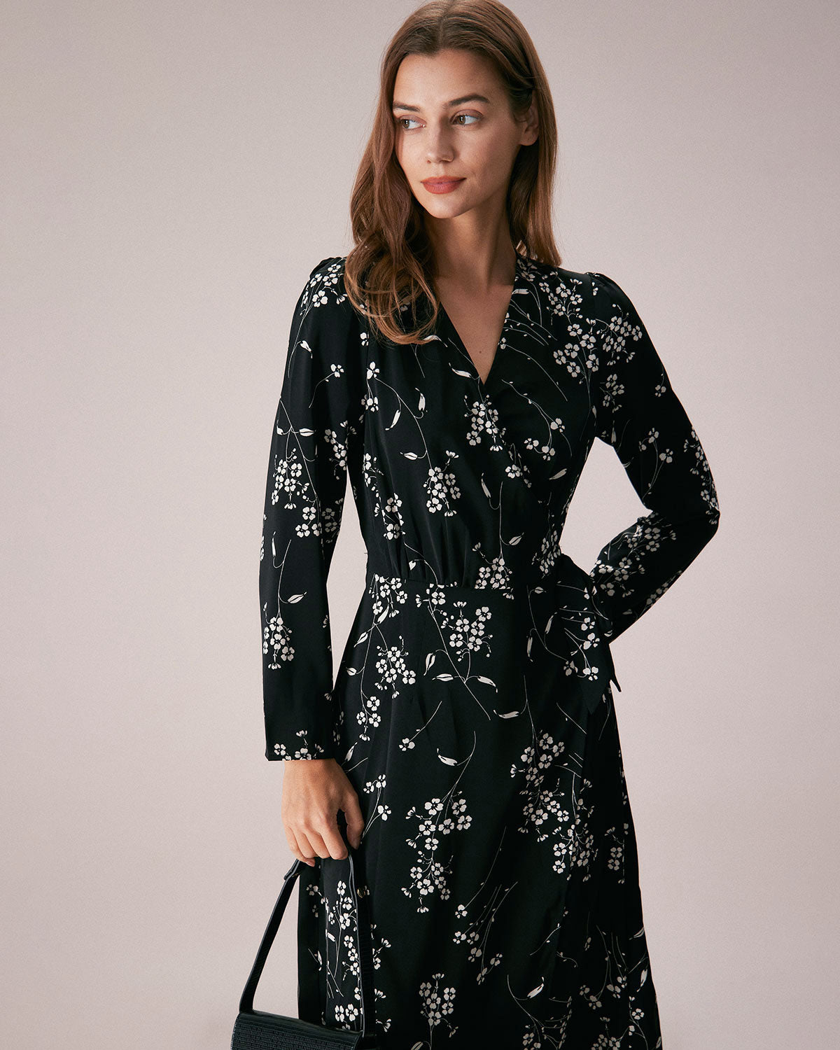 The Black V Neck Wrap Floral Midi Dress