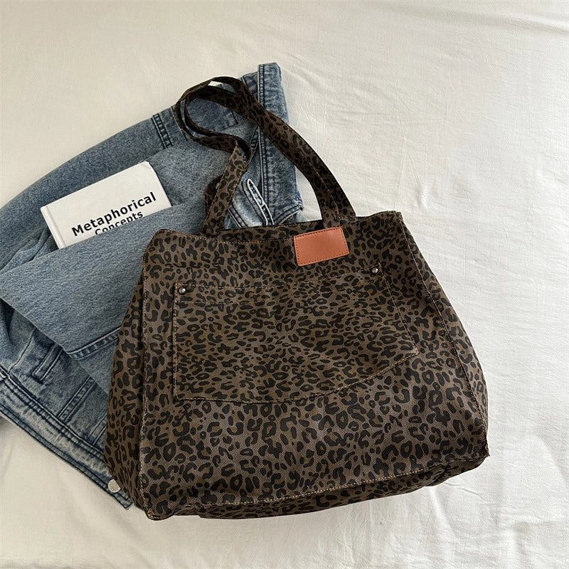 Women's Canvas Leopard Classic Style Sewing Thread Bucket Open Tote Bag