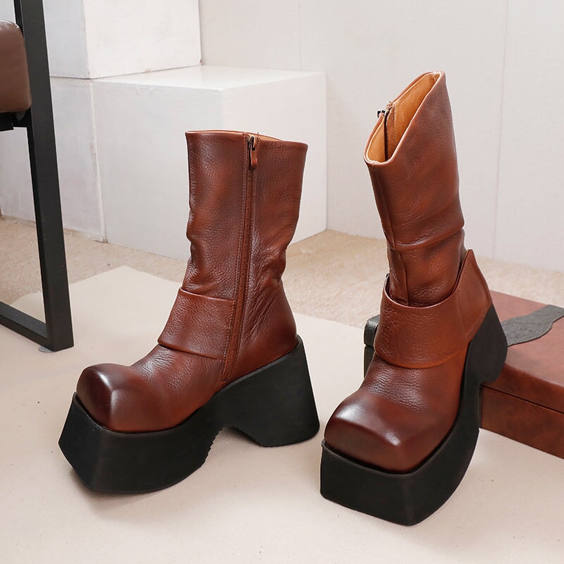 105mm High Platform Boots for Women Square Toe Touch-strap Side Zip in Black/Brown