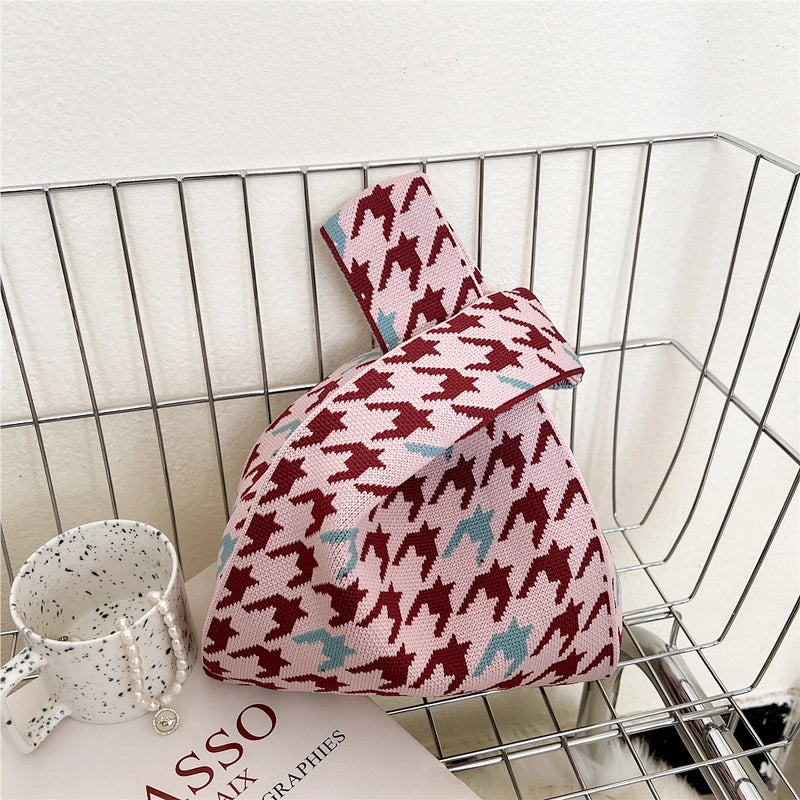 Women's Small Knit Houndstooth Stripe Butterfly Classic Style Square Open Handbag