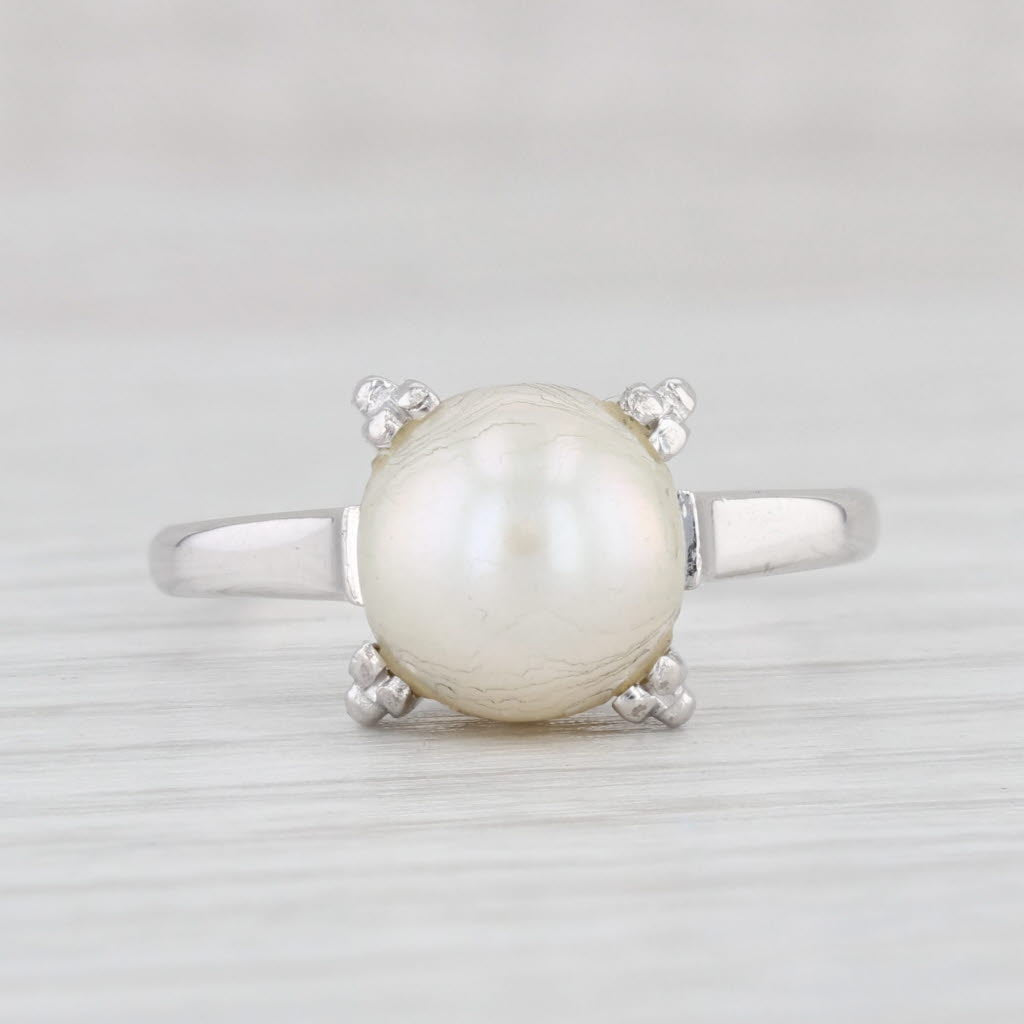 Vintage Cultured Pearl Solitaire Ring 14k White Gold Size 7.75