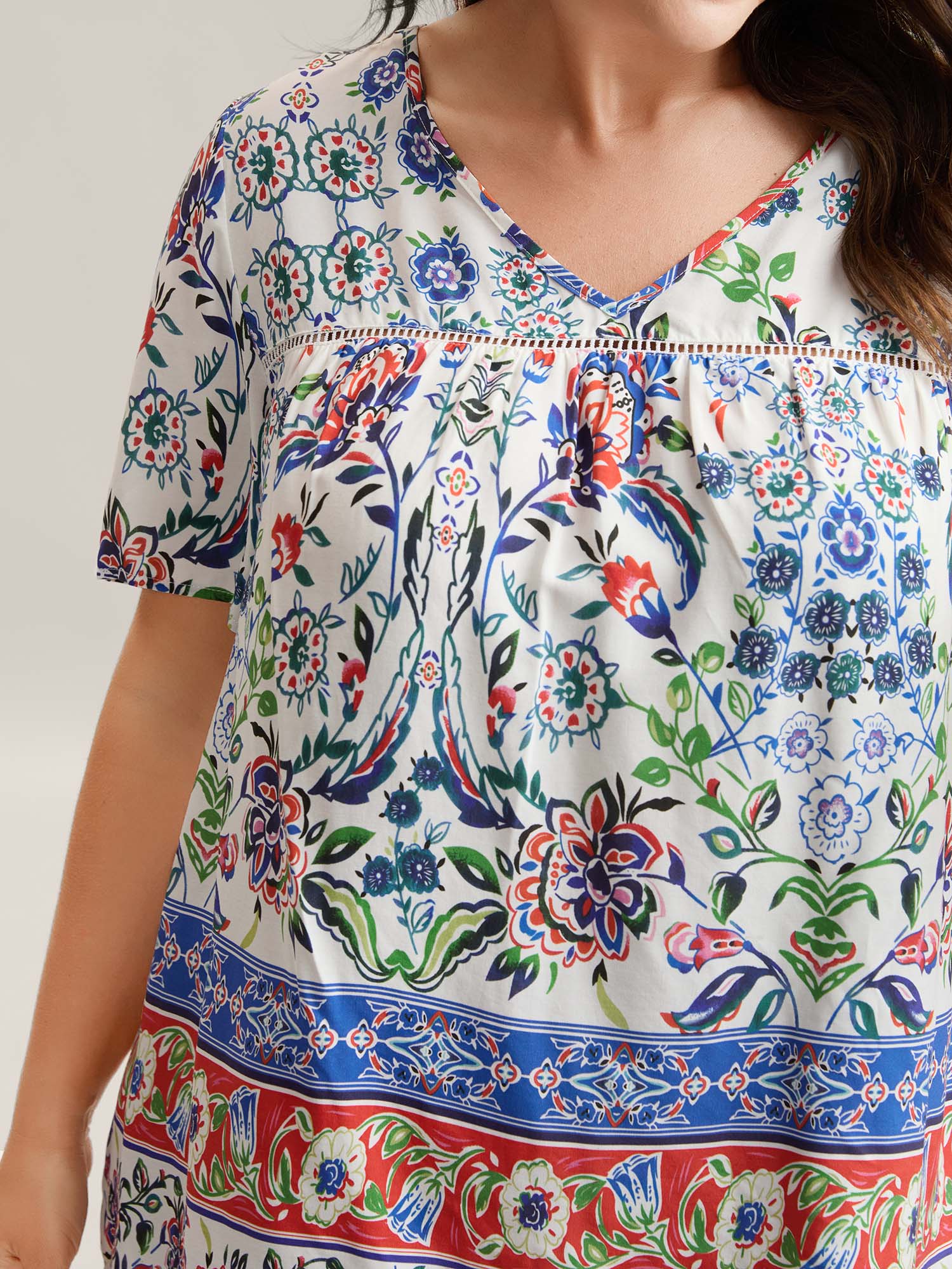 Rayon Floral Boho Print Lace Trim Blouse