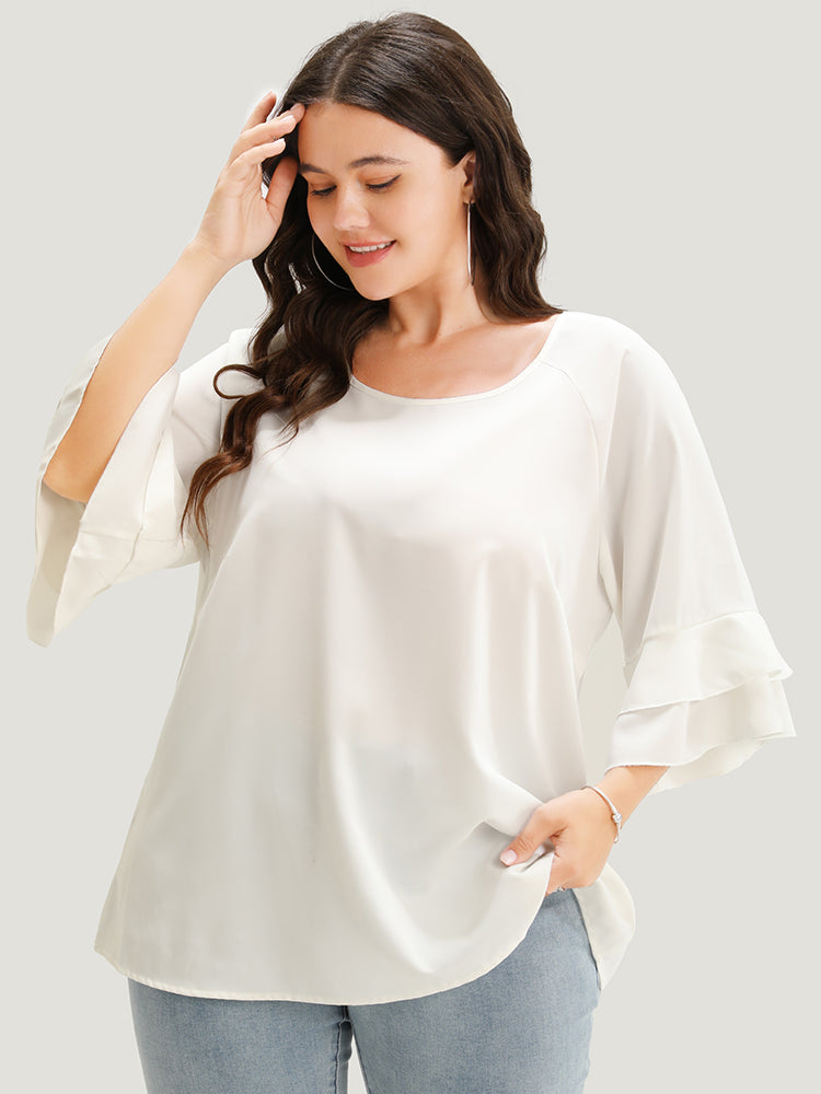 Plain Ruffle Tiered Round Neck Blouse