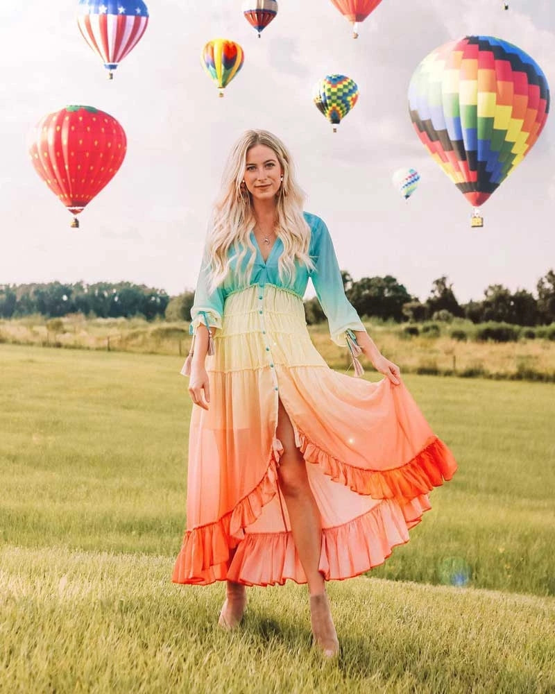 Boho Dress for Women|Bohemian Dress|Midi Boho Dress| Rainbow HIGH LOW DRESS  V-neck Ruffle Trim Summer Dresses Holiday Long Boho Dress Women|Wedding Guest Dress