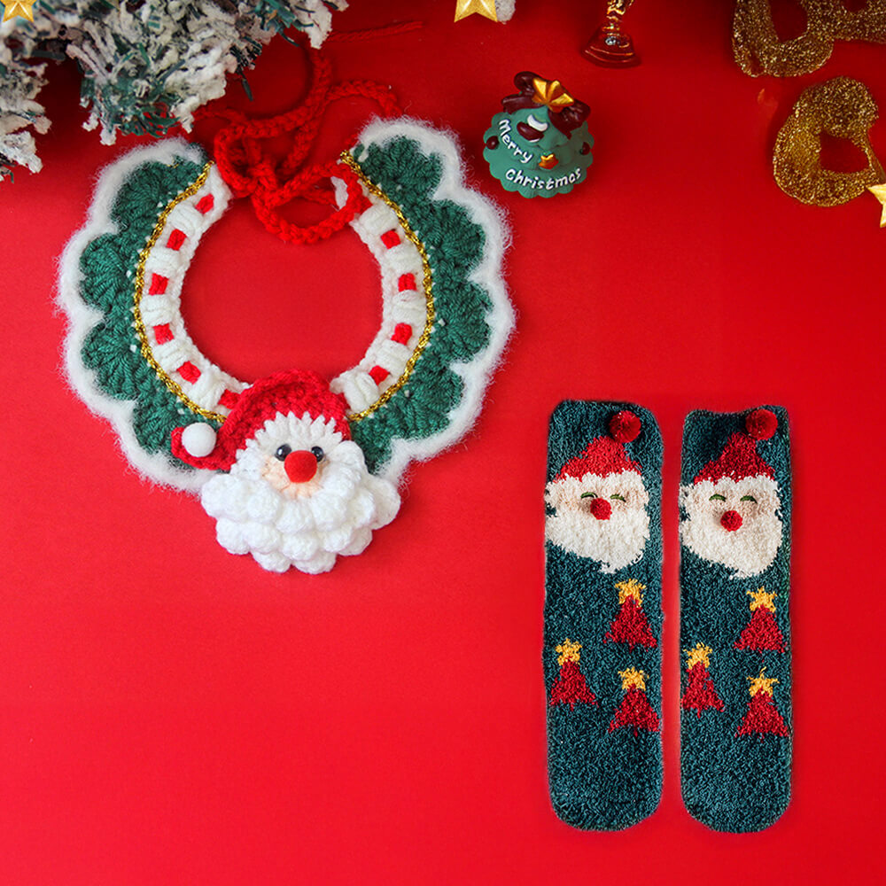 Christmas Santa Claus Knitted Scarf Matching Socks For Pet And Owner