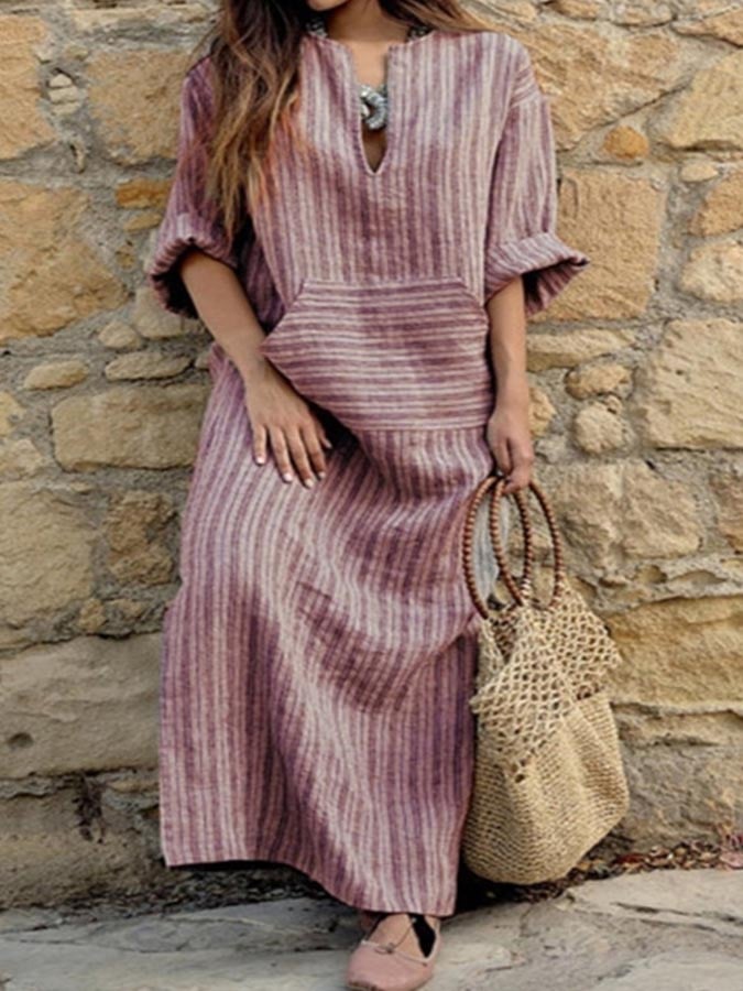 Ladies cotton and linen yarn-dyed striped loose dress