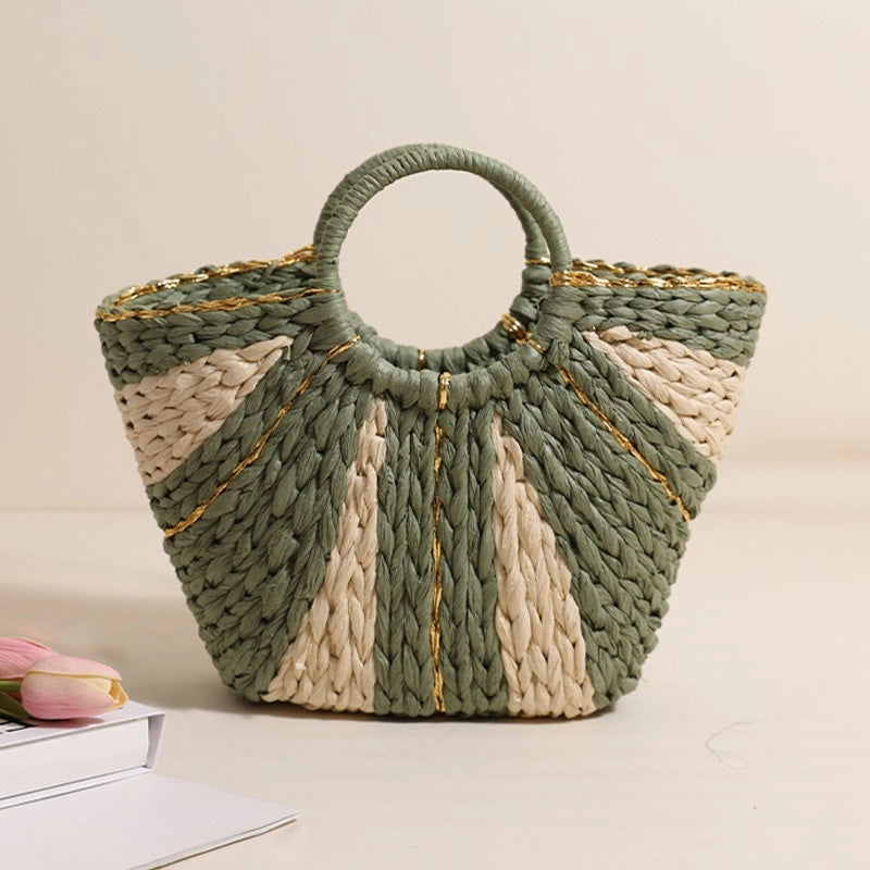 Women's Medium Straw Color Block Vacation Classic Style Weave Bucket Open Straw Bag