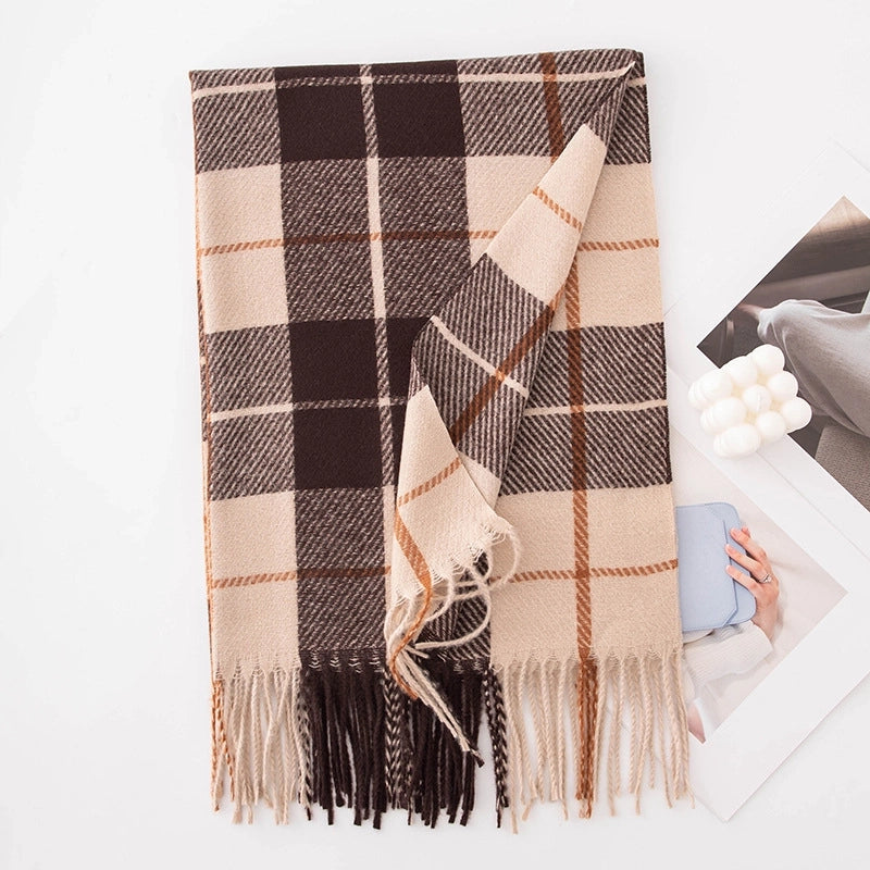 Women's Retro British Style Plaid Imitation Cashmere Tassel Scarf