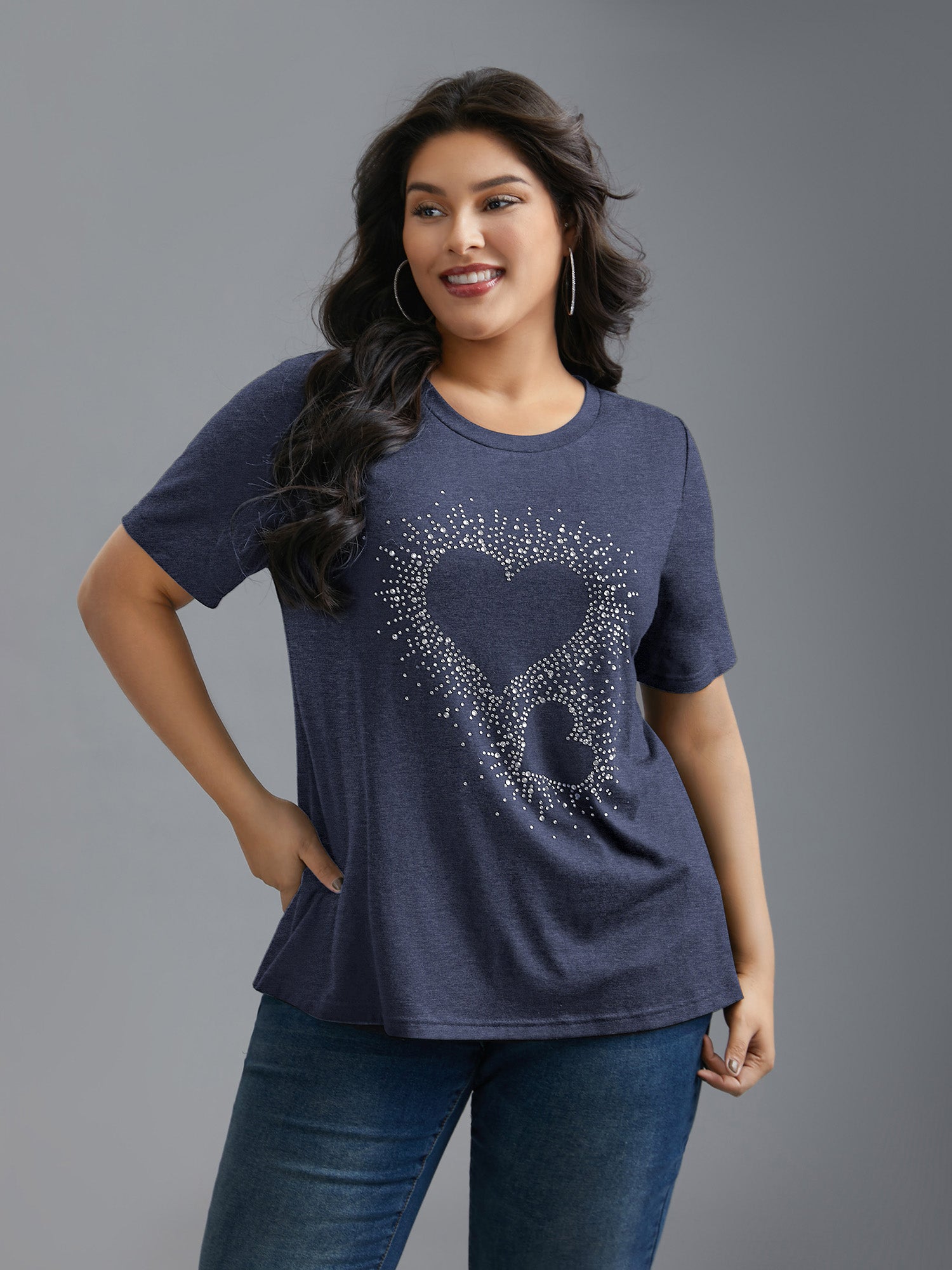 Crew Neck Rhinestone Heart T-Shirt