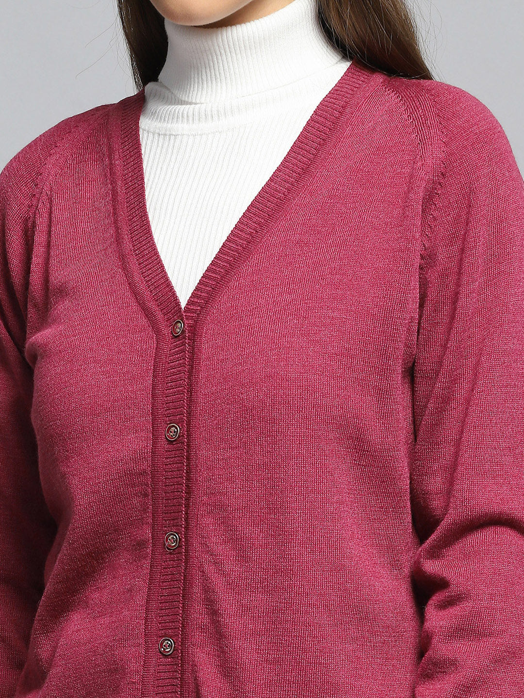 Women Rust Solid V Neck Full Sleeve Cardigan