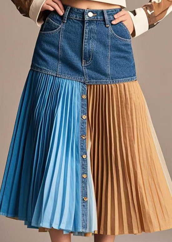 French Navy Asymmetrical Patchwork Denim Pleated Skirt Spring