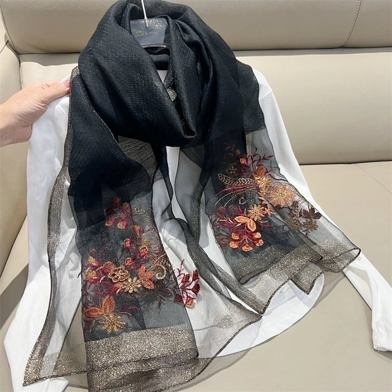 Women's Elegant Flower Polyester Embroidery Silk Scarf