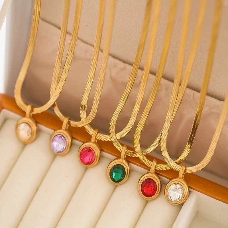 Stainless Steel 18K Gold Plated Lady Plating Inlay Oval Rhinestones Pendant Necklace
