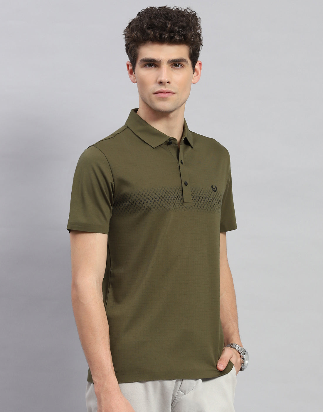 Men Olive Printed Polo Collar Half Sleeve T-Shirt