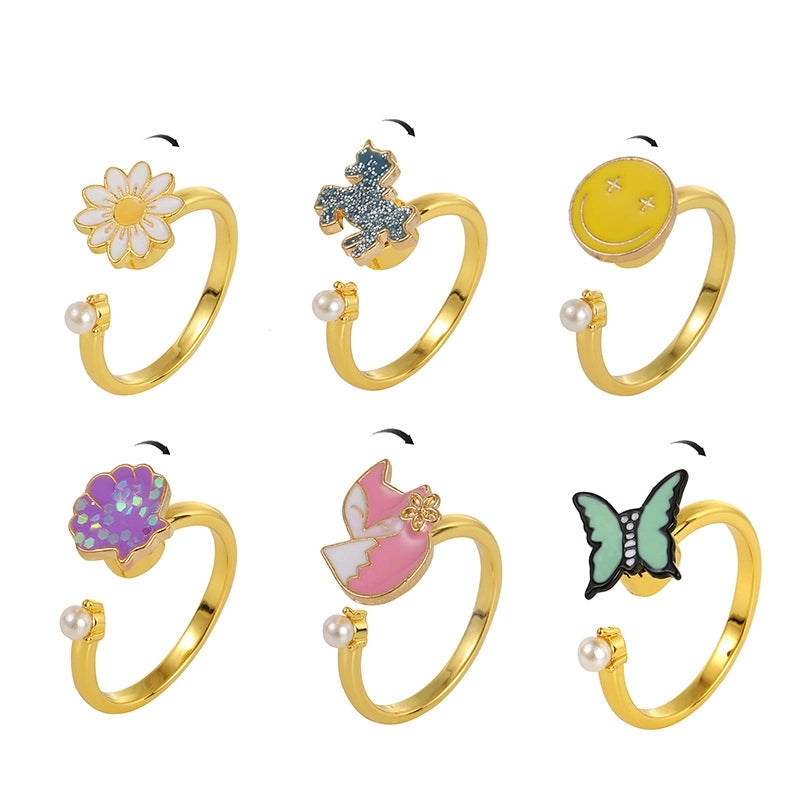 Cute Animal Smile Face Flower Copper Artificial Pearls Open Ring In Bulk