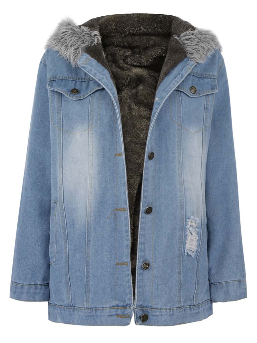 Padded Warm Hole Large Fur Collar Denim Jacket(4 colors)