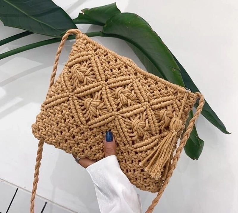 Women's Small Straw Solid Color Beach Square Zipper Crossbody Bag