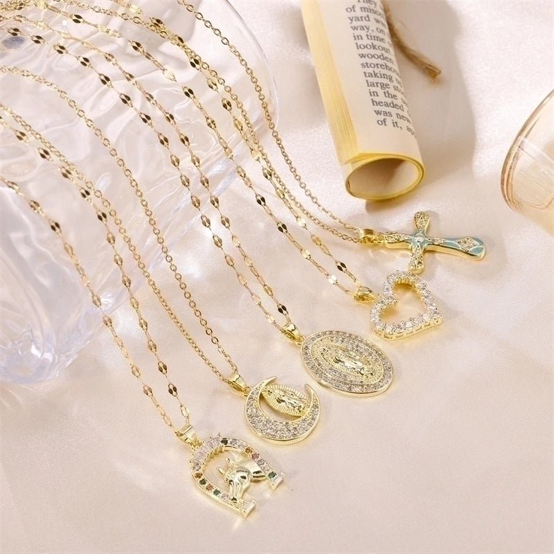 3 Pieces Cute Sweet Cross Moon Heart Shape 201 Stainless Steel Zircon 18K Gold Plated Enamel Plating Inlay Pendant Necklace