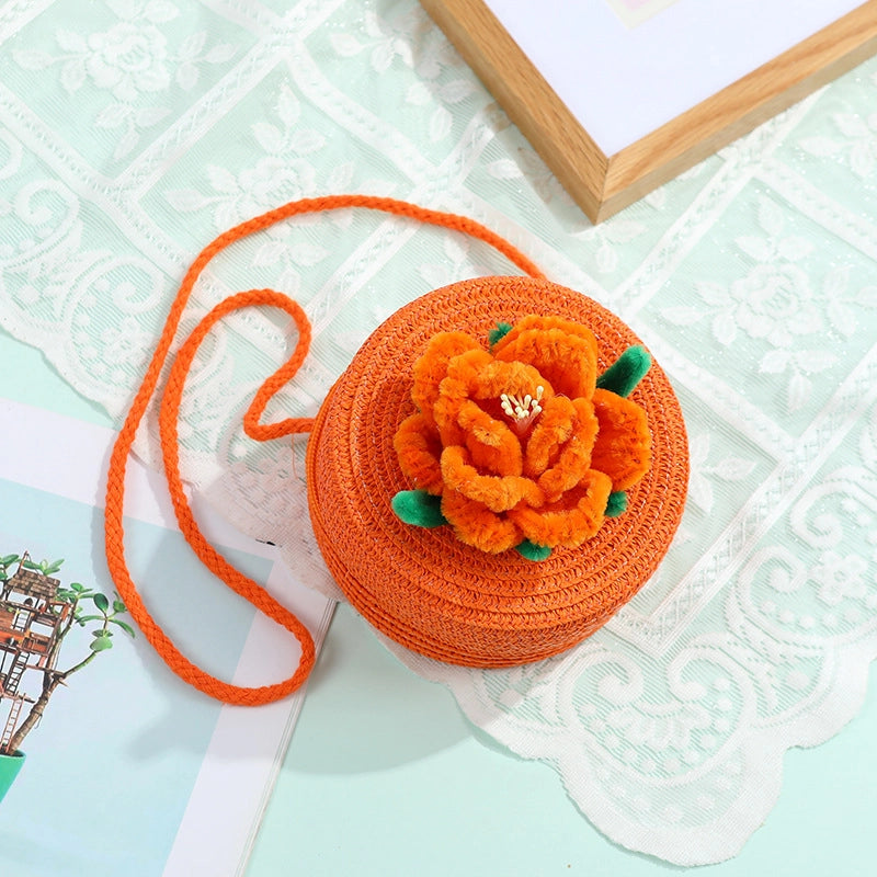 Women's Small Straw Solid Color Flower Vacation Beach Weave Round Zipper Straw Bag