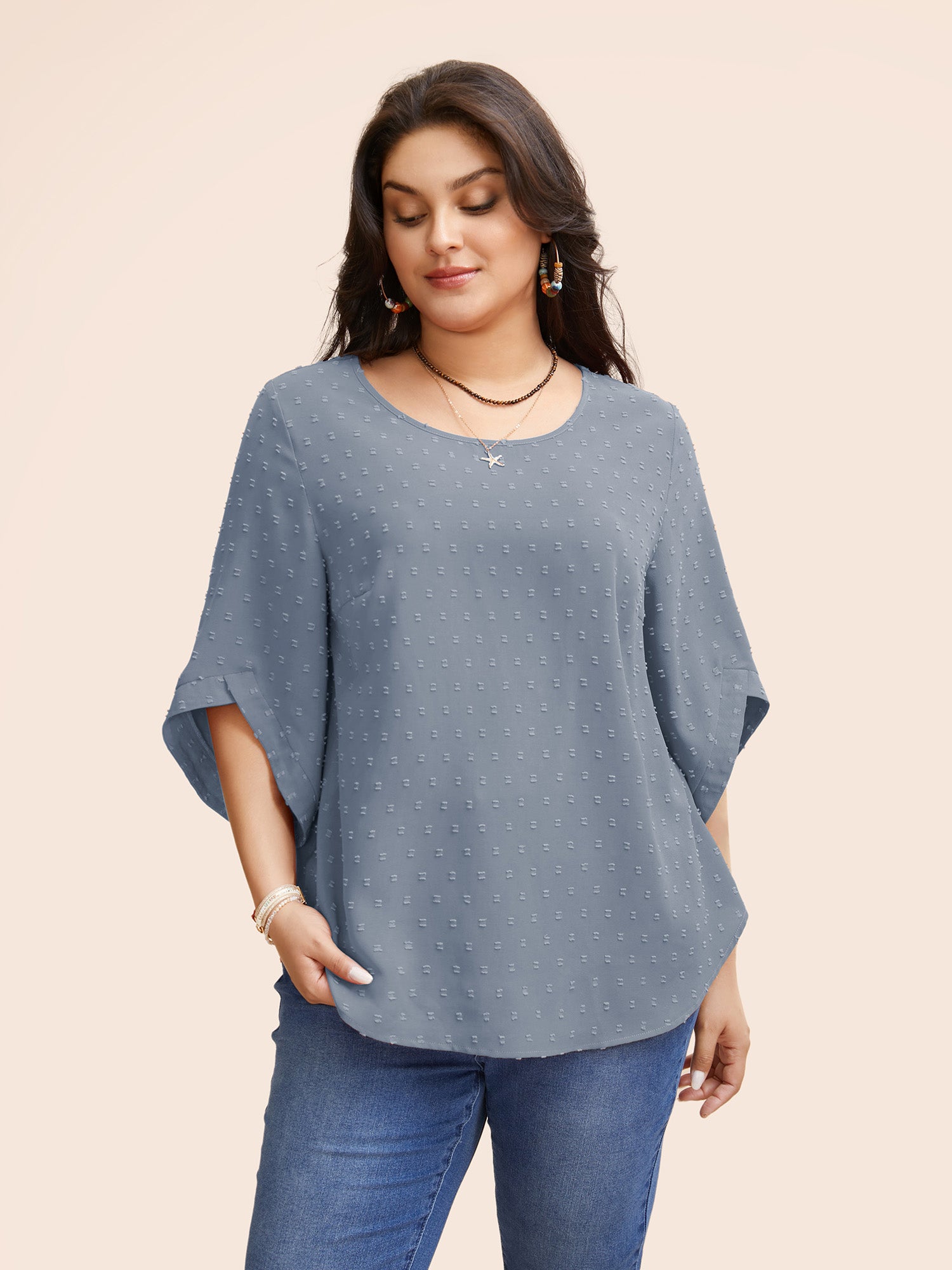 Textured Round Neck Bell Sleeve Blouse