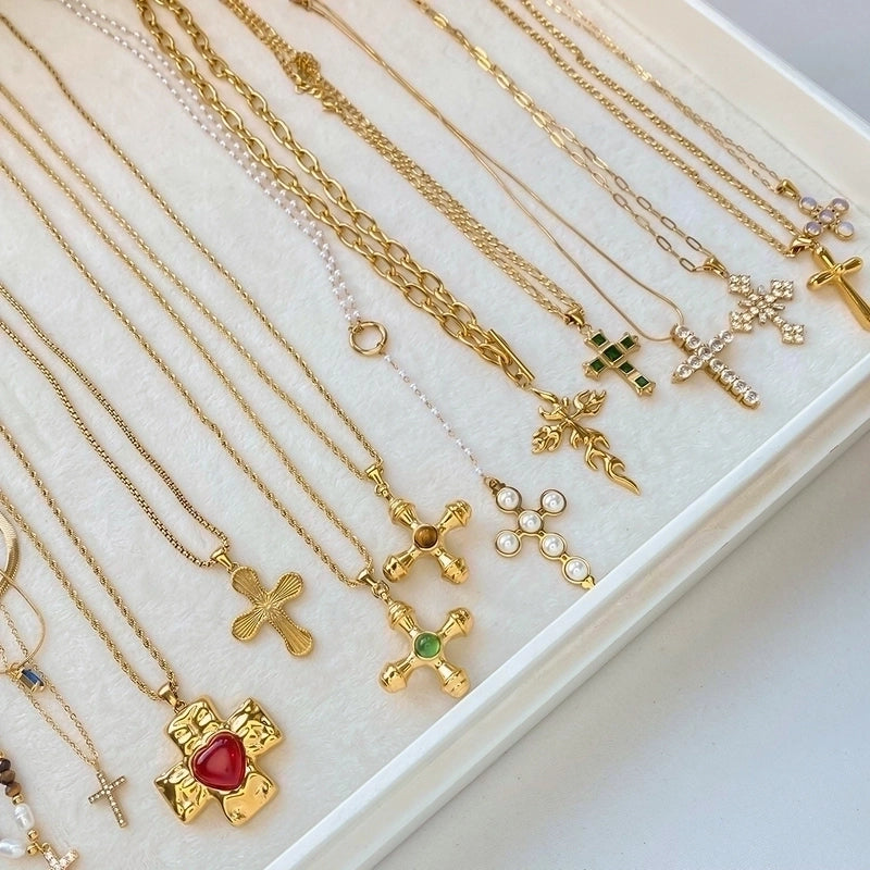 Minimalist Classic Style Cross 304 Stainless Steel Natural Stone Rhinestones Zircon 18K Gold Plated Pendant Necklace