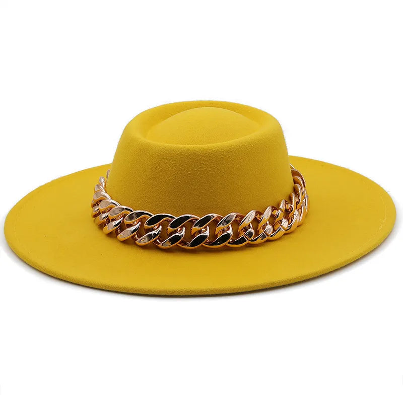 New Retro Ethnic Style 9.5 Brim Wool Woolen Felt Hat Concave Top Men's And Women's Top Hat Large Brim Thick Gold Chain Hat