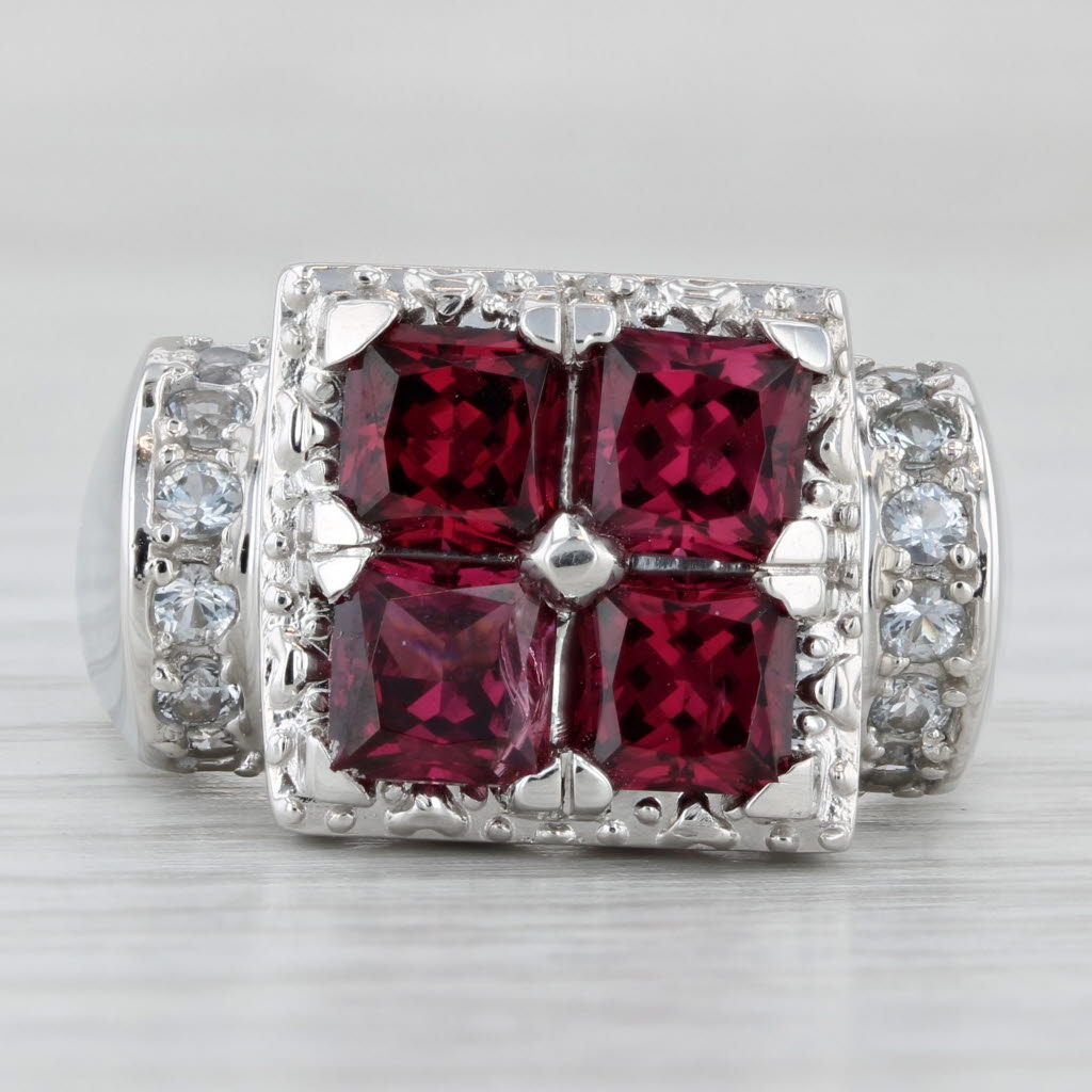 Rhodolite Garnet White Topaz Sapphire Ring 14k White Gold Size 9 Cocktail